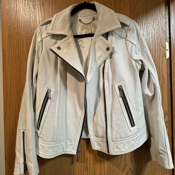MICHAEL KORS 100% Leather Moto Biker Jacket Off-white size large - Picture 1 of 6